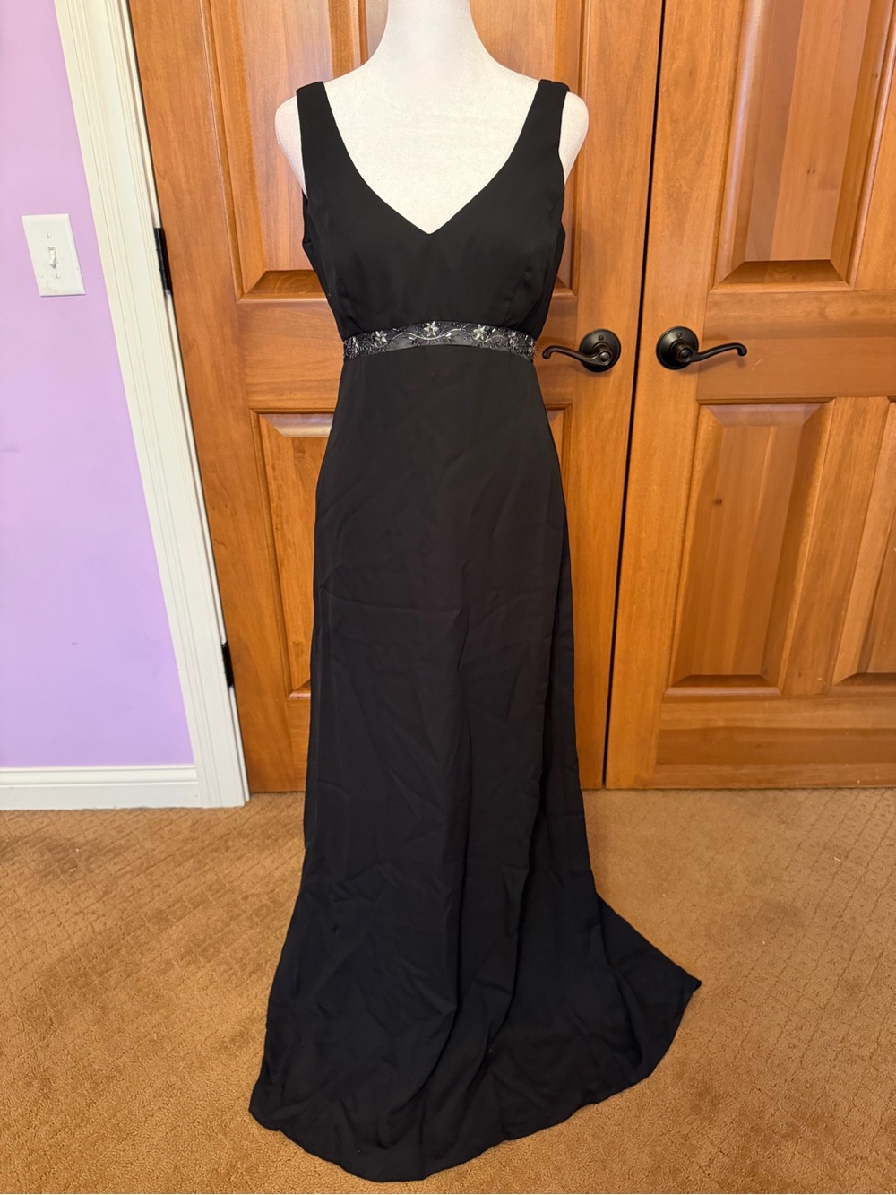 Michaelangelo Empire Waist Evening Gown Beaded Black Long V Neck 4 Y2K